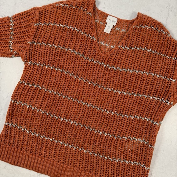 Chicos Women burnt orange silver striped open knit sweater size 0 pullover Small - Picture 10 of 12